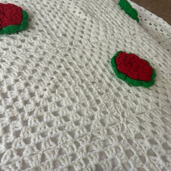 Vintage Boho Crochet Blanket with Red and Green Floral Rose Accents 104 inchX93 - Picture 15 of 16